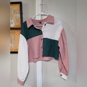 SHEIN Pink & Green Colorblock Cropped Jacket